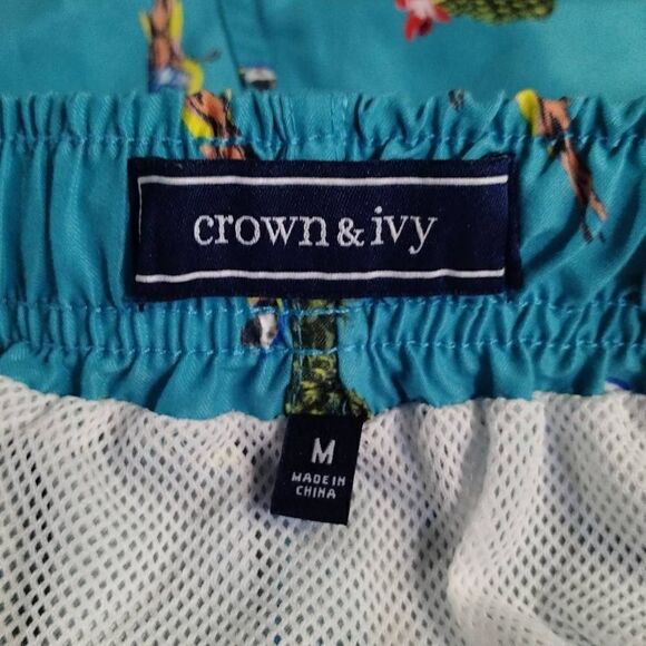 Crown & Ivy Teal Parrot Swim Trunks Mens Sz M - Picture 5 of 8